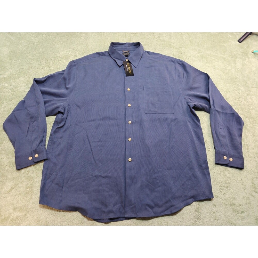 Reunion Menswear Men Sz XXL Blue 100% Silk Long Sleeve Casual Button Up Shirt 54